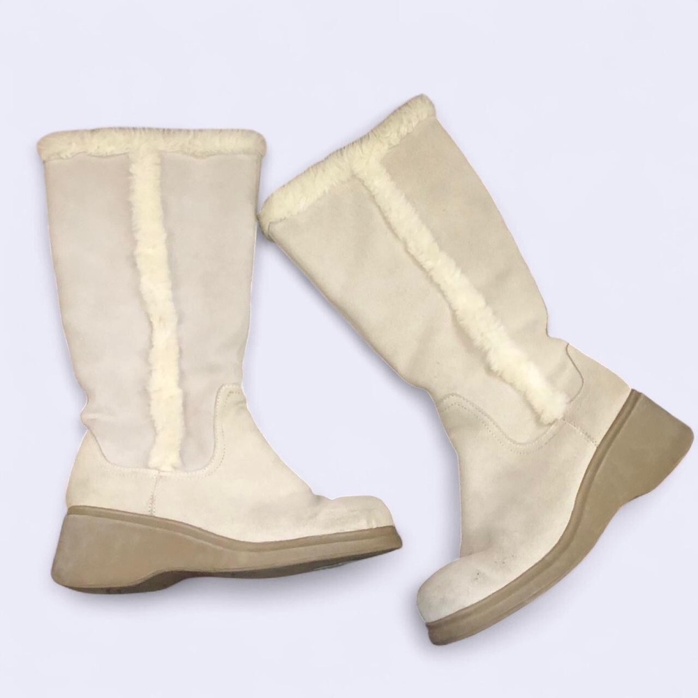 Y2K White Leather Suede Fur Bratz Destroyer Boots Mid-Calf Chunky Platform Wedge